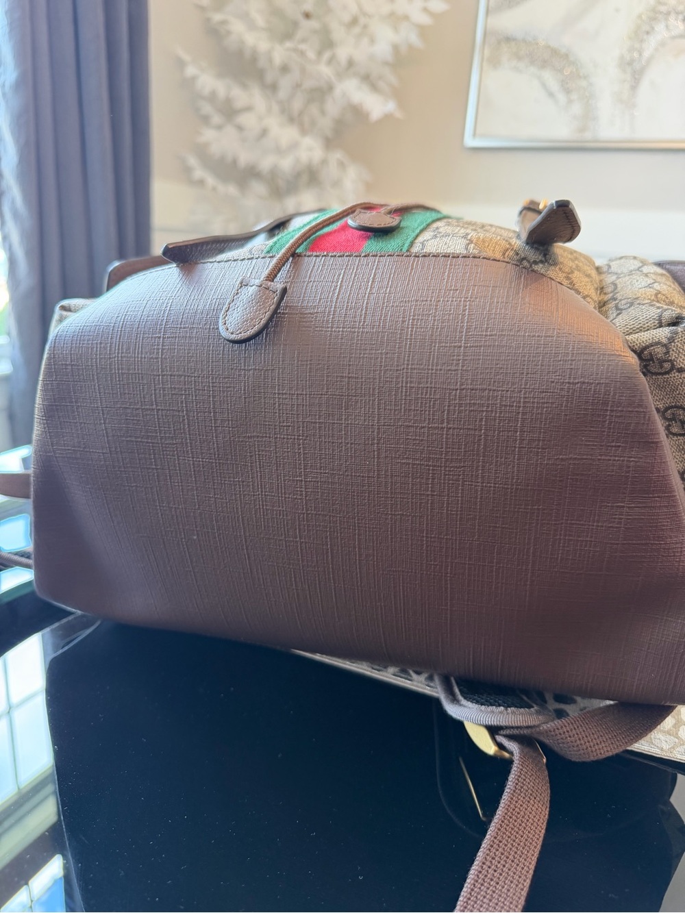 Gucci GG Supreme Coated Canvas Backpack with Red & Green Stripe and Brown Trim - Picture 8 of 16